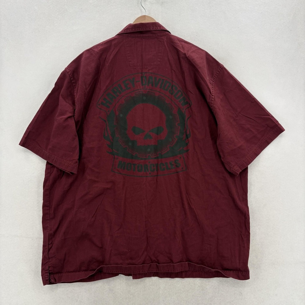 Harley-Davidson Shirt Mens 2XL Red Short Sleeve Button Up Skull Graphic Grunge
